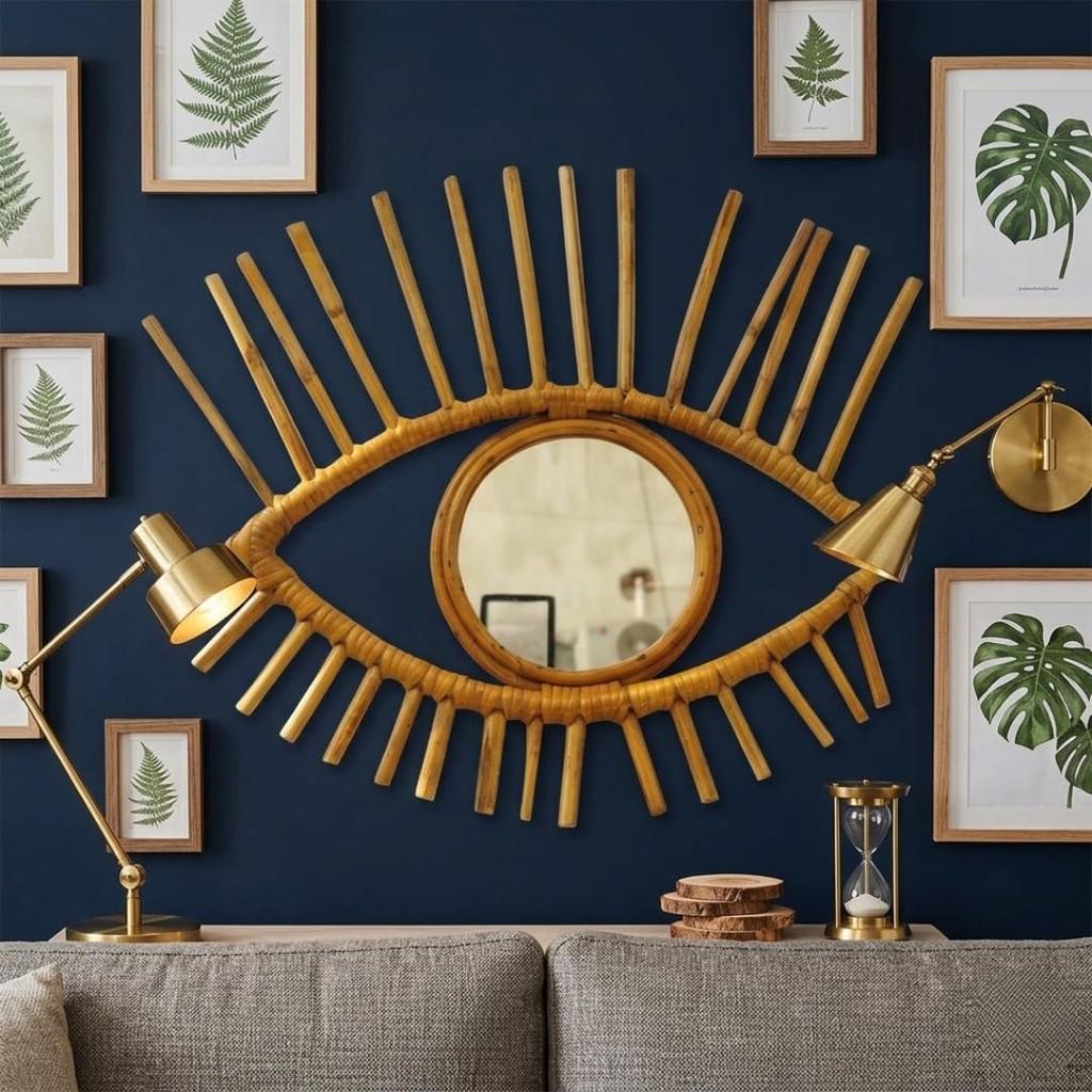 Handcrafted Eye Shape Rattan Wall Mirror | Boho Wall Mirror | Wooden Frame Wall Hanging for Living Room, Bedroom, Entryway 42 x 3 x 40 cm