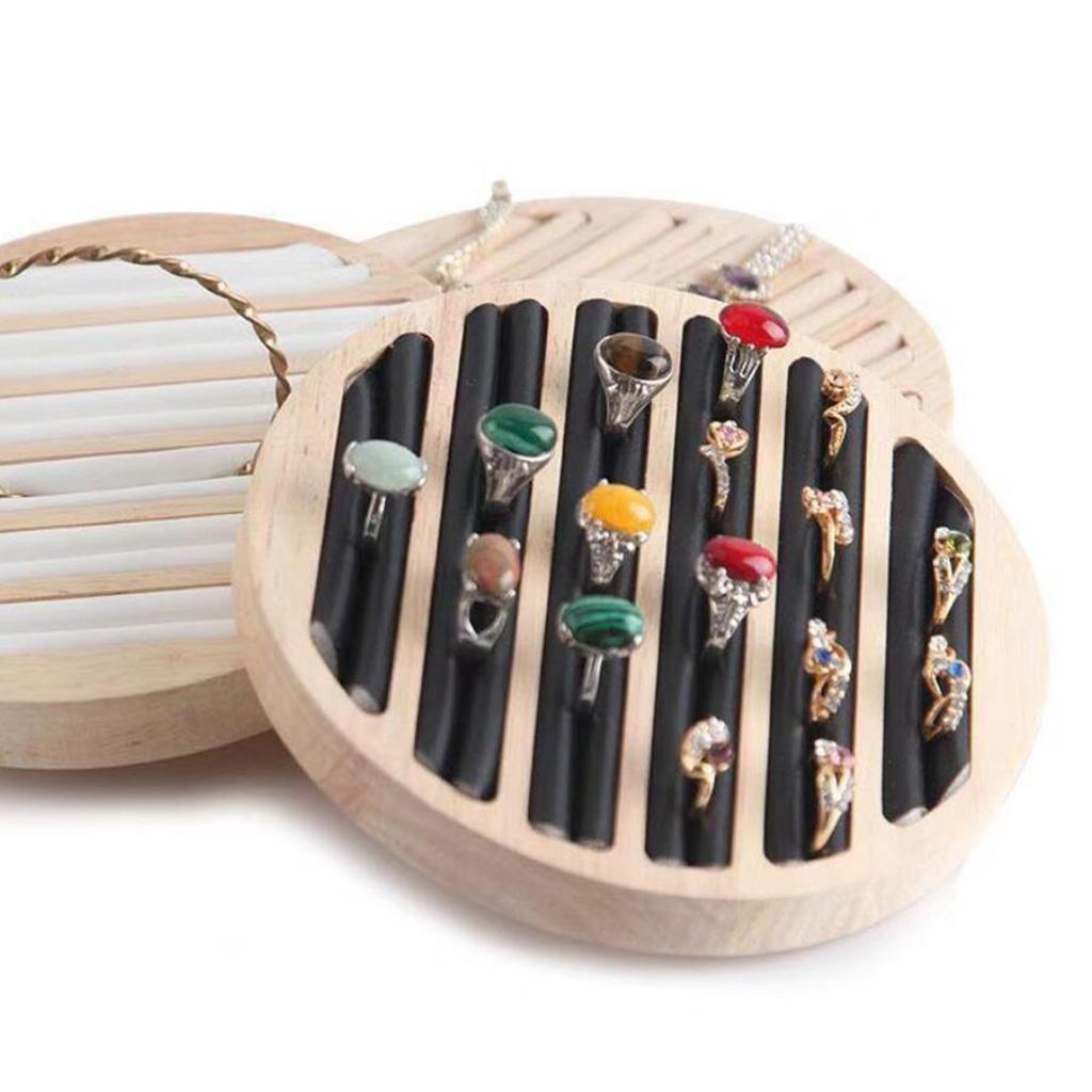 Round Wooden Jewelry Showcase Ring Display Tray Organizer White Leather