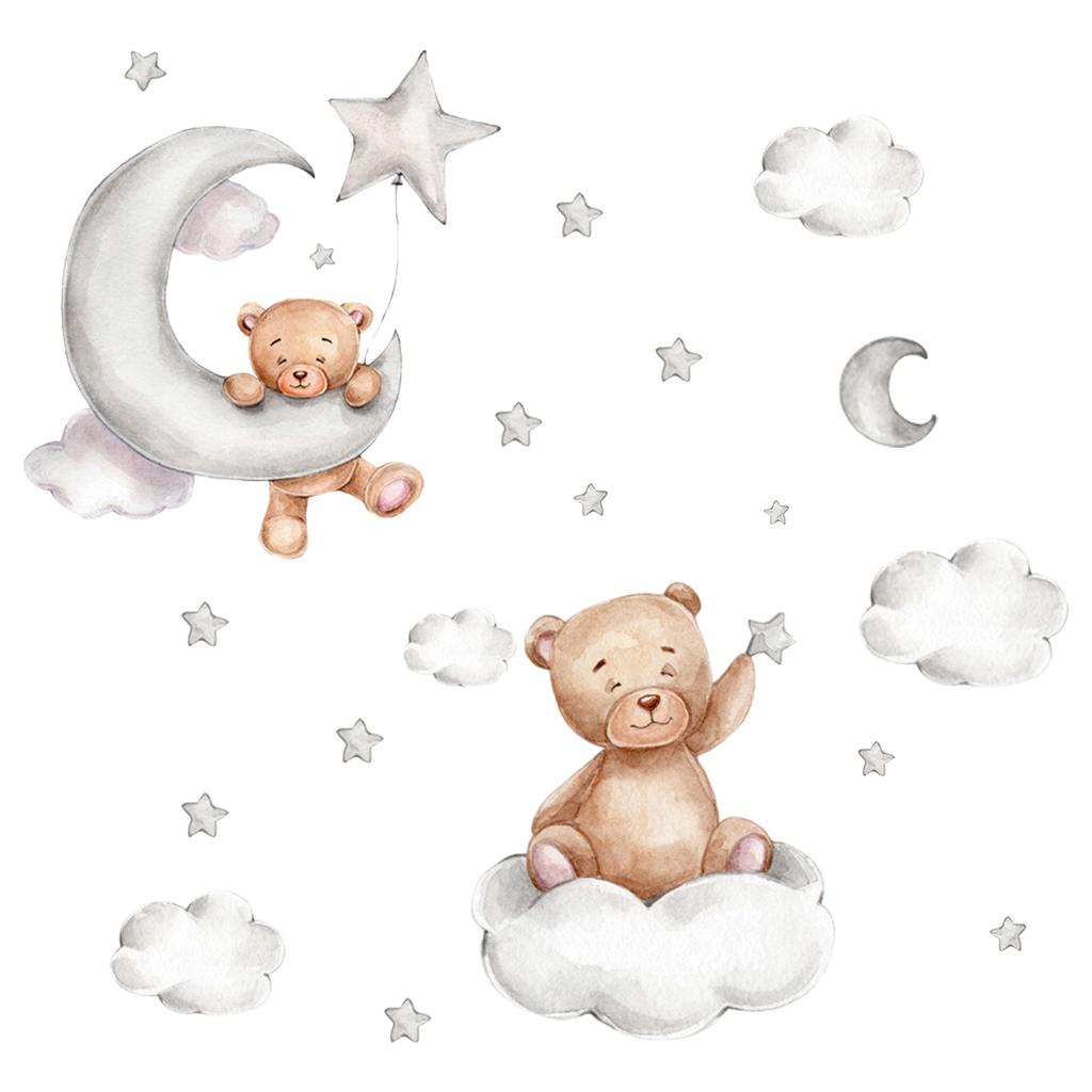 2/1Pcs Wall Stickers Wall Art Decor Cartoon Bear Moon and Stars Color Self Adhesive Stickers for Kids Room Baby Room Wall Decals