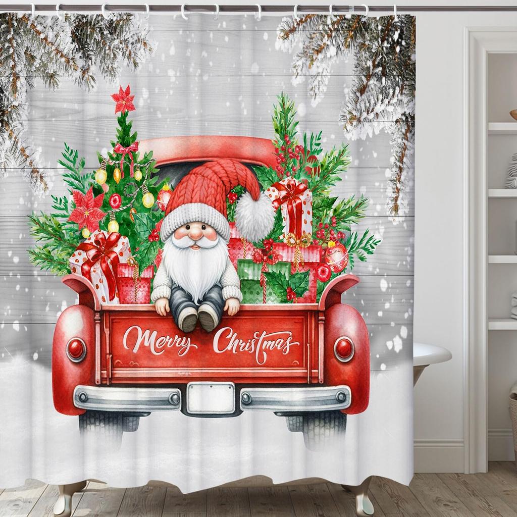 Gnome On Red Truck Christmas Shower Curtain with Tree Design, Snowy Farmhouse Bathroom Decor for Festive Holiday Celebration