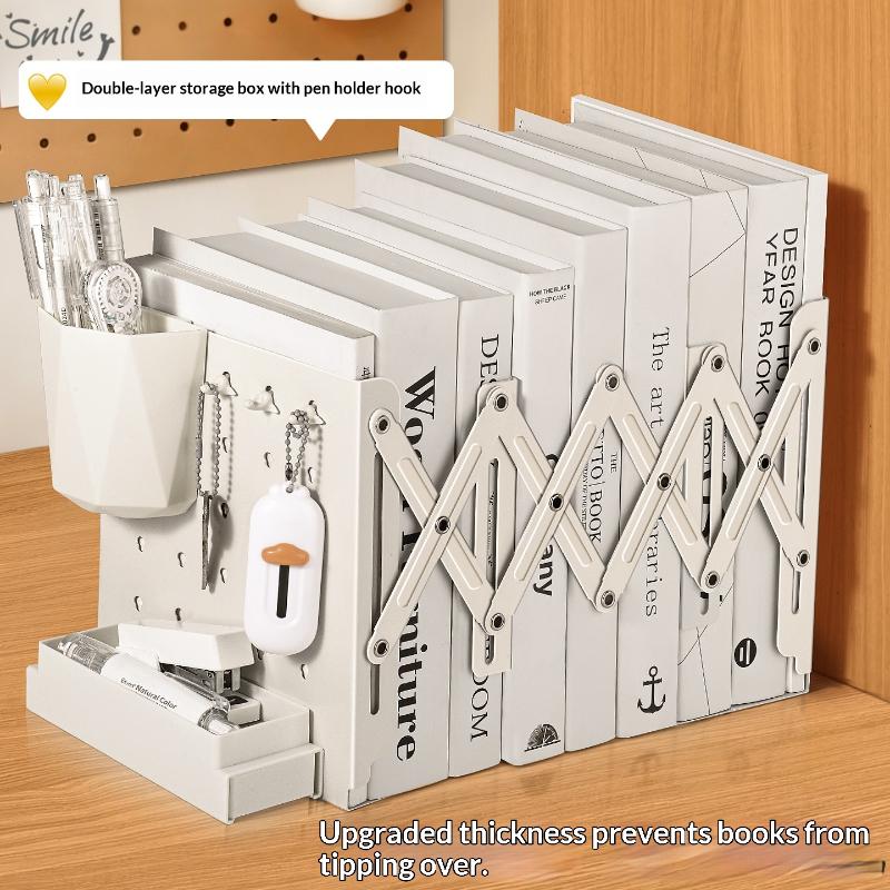 1Pcadjustable Expandable Book Organizer With Pen Holder And Hooks Holds 80 Books Perfect For Student Home Office Desktop Storage