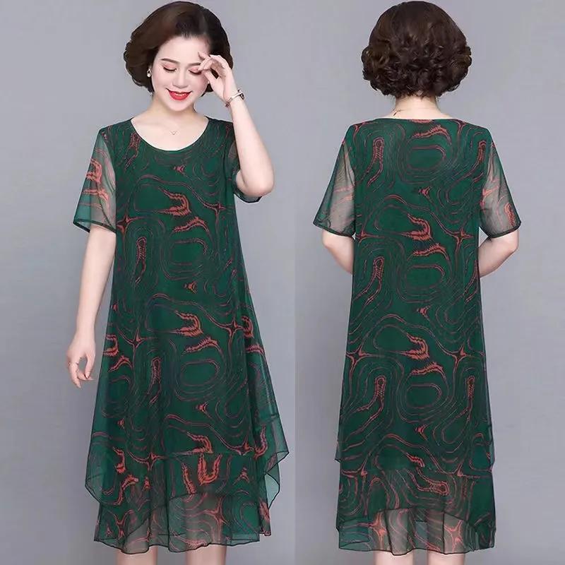 Summer Vintage Print Long Dress for Women Plus Size Short Sleeve Summer Casual Dress Female