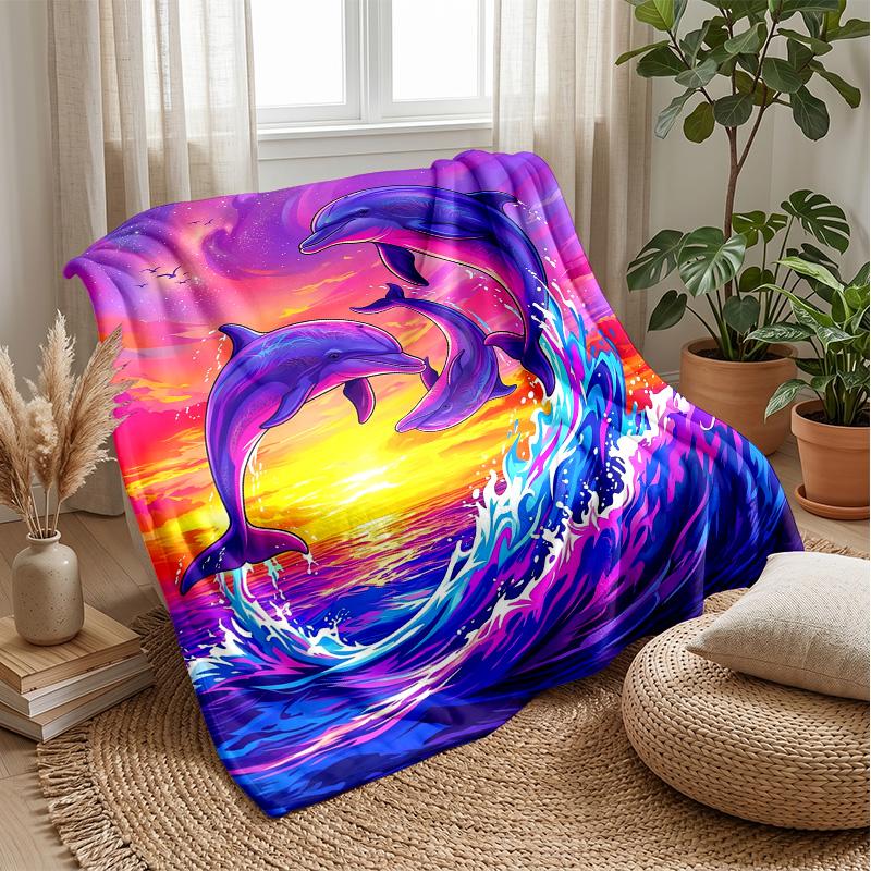 Dolphins Leaping at Sunset 1 Theme blanket Lightweight Warm Flannel Blanket Decorative Throw Blanket for Home Decoration