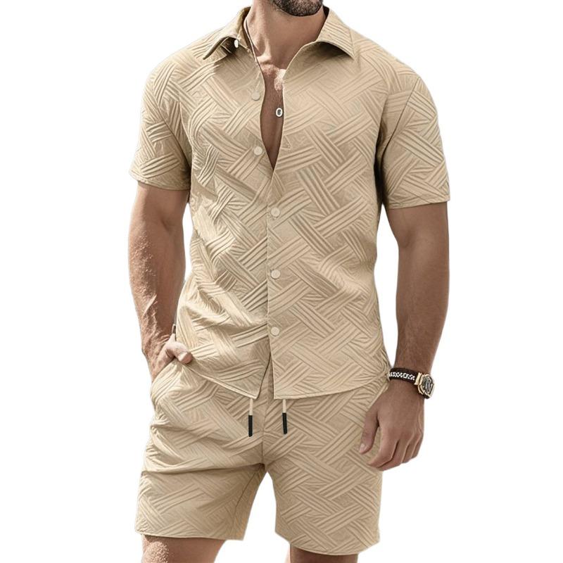 Mens Casual Two Piece Outfit Textured Short Sleeve Shirt And Shorts Set
