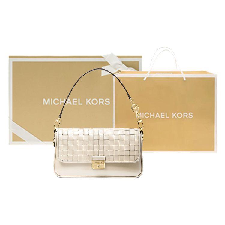 Michael Kors Bradshaw Woven Letter Leather And Faux Leather Baguette Shoulder Bag Women Bags Cream-White 30S1L2BL1T-289