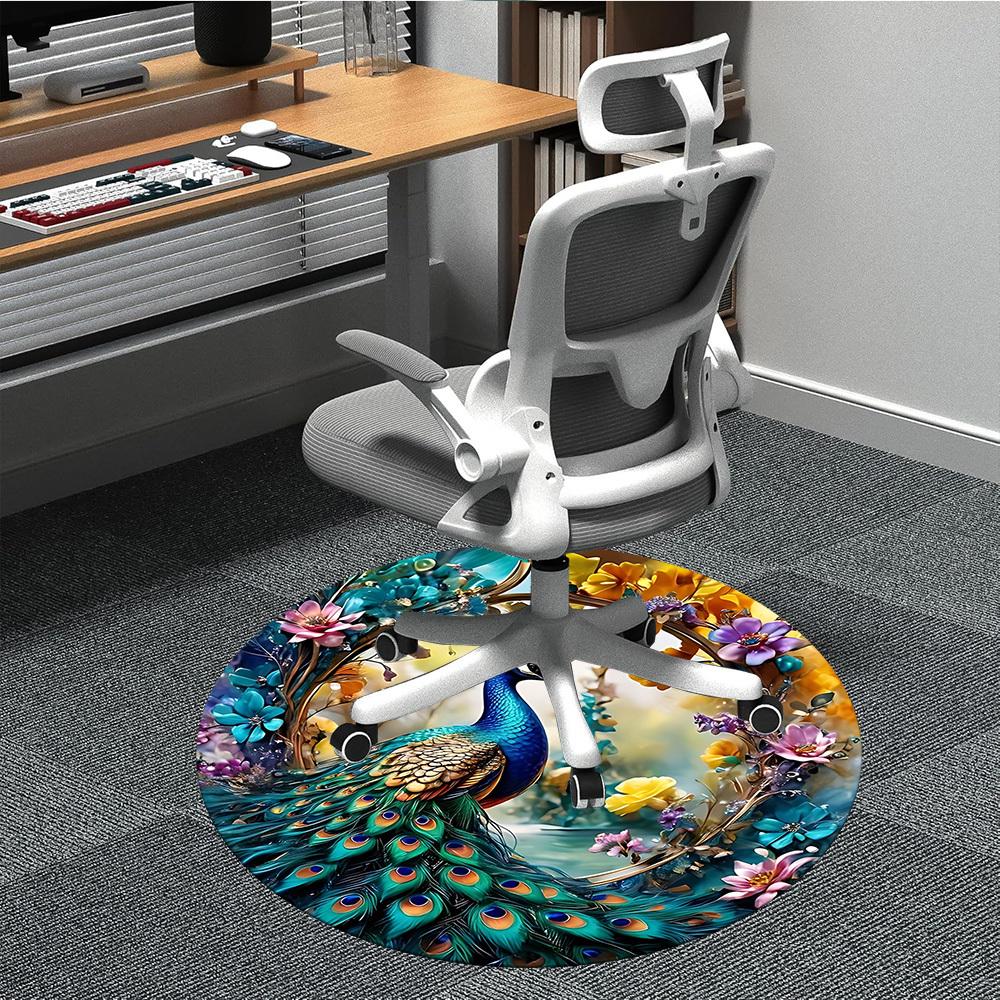 1pc Peacock Feather Print Chair Carpet for Office Non-Slip, Machine Washable Rug for Office, Sleeping, Room - Holiday Decor
