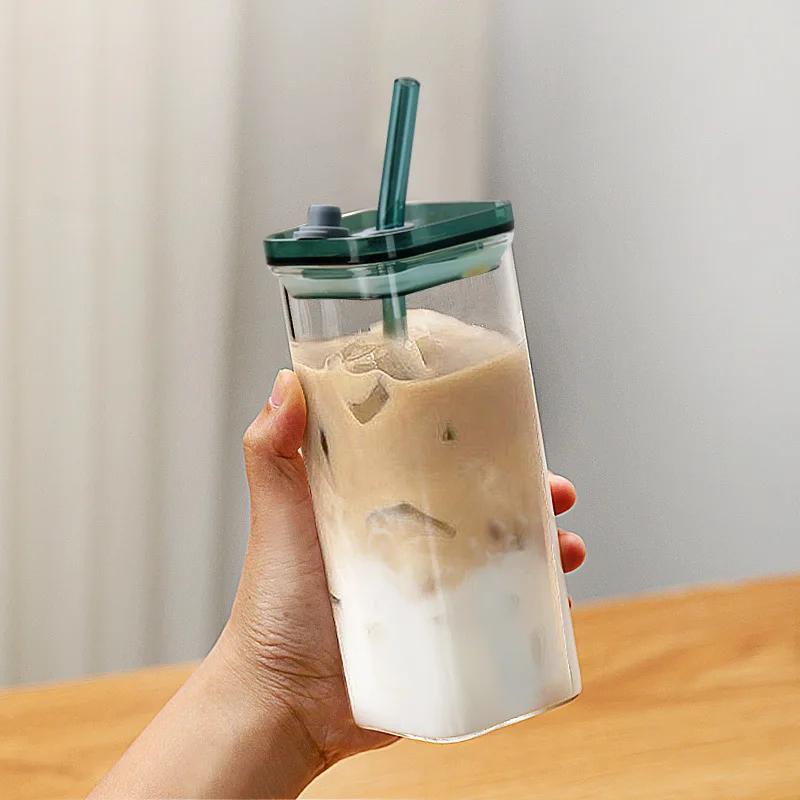 Square Heat Resistant Transparent Coffee Glass Mug Milk Tea Juice Glass Water Cup with Lid and Straw Coffee Cup Drink Mug