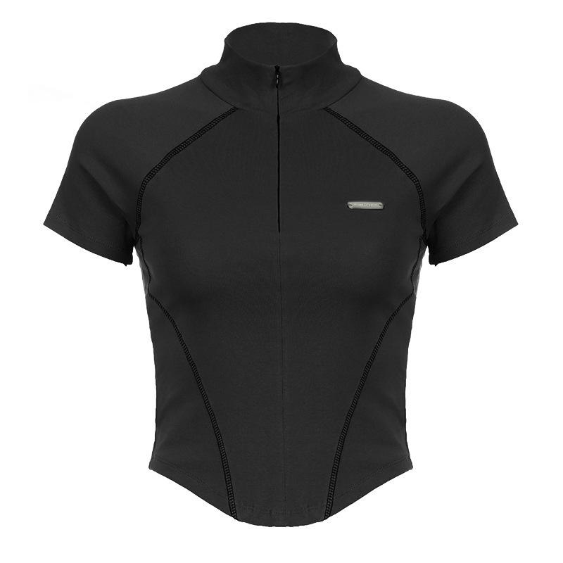 2026 Spring/Summer Street Style Black Short Top Motorcycle Style Zipper Short Sleeve Women s Casual T-Shirt S чёрный