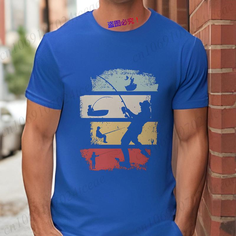 Vintage Fishing Men's T-Shirts Retro Color Block Fisherman Silhouette Graphic Tees Casual Short Sleeve Tops Oversized Clothing