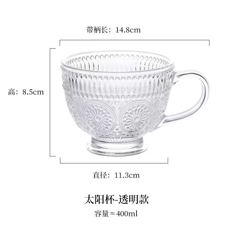 

Ретро Чашка для завтрака с ложкой Прозрачная стеклянная чашка с ручкой Бытовая чашка большой вместимости для молока Рельеф Подсолнух Овсяная чашка 400ml