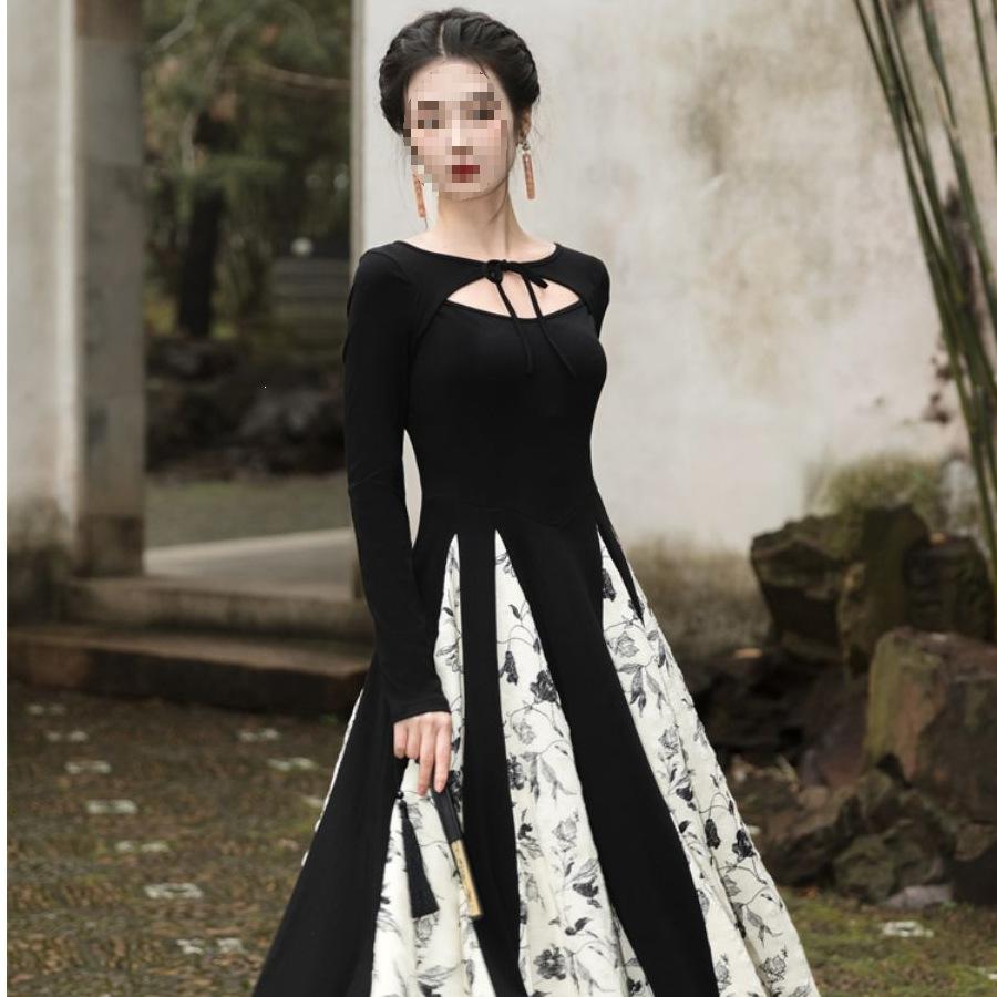 New Chinese Style Retro Long-sleeved Floral Dress Early Autumn Dress Women's New Thin Temperament Long Skirt