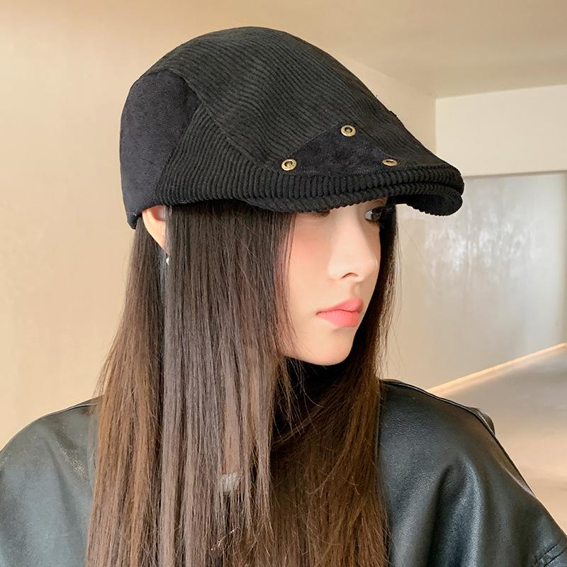 Autumn and winter hat women's retro versatile corduroy forward hat high-end newsboy hat warm beret