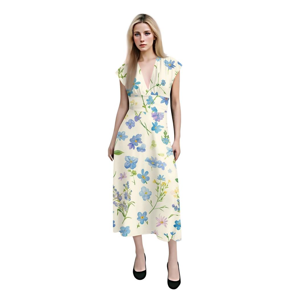 Women's Long Casual Dress Summer Short-Sleeve V-Neck Waist Retraction Printed Dress