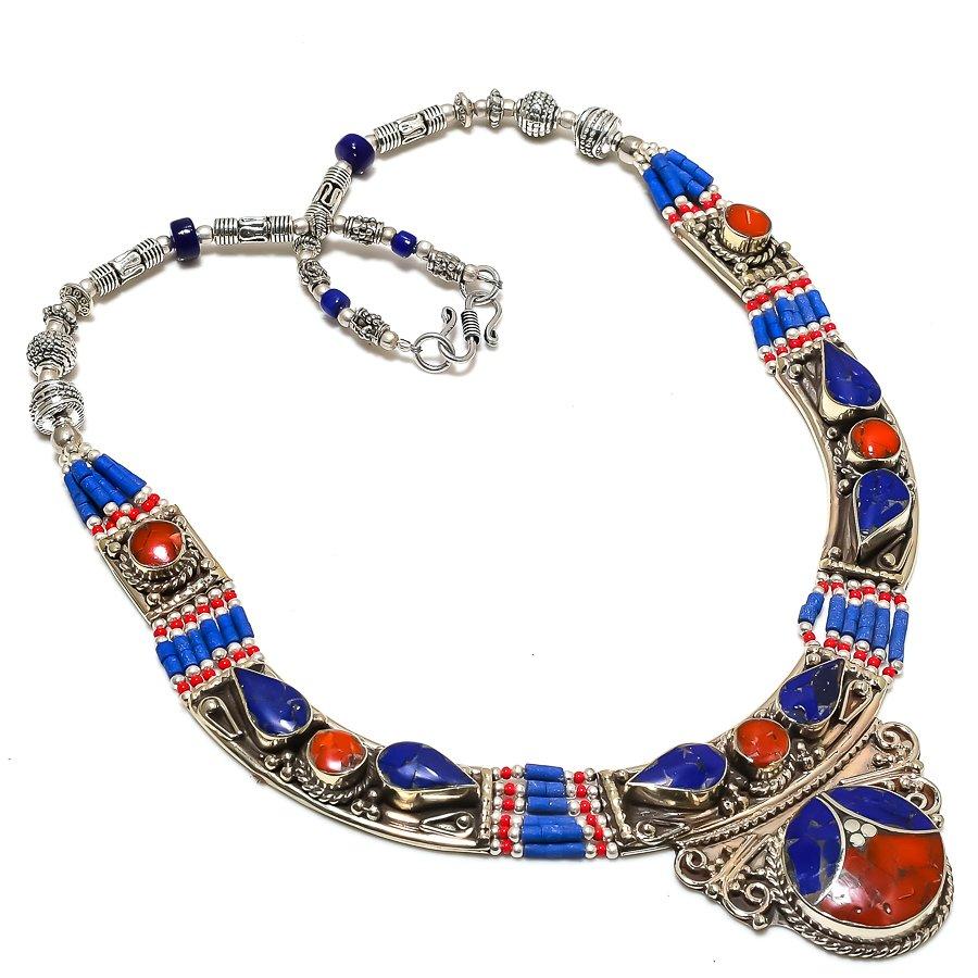 

Натуральный лазурит, коралловый драгоценный камень, ювелирное ожерелье ручной работы 18 дюймов y9S78