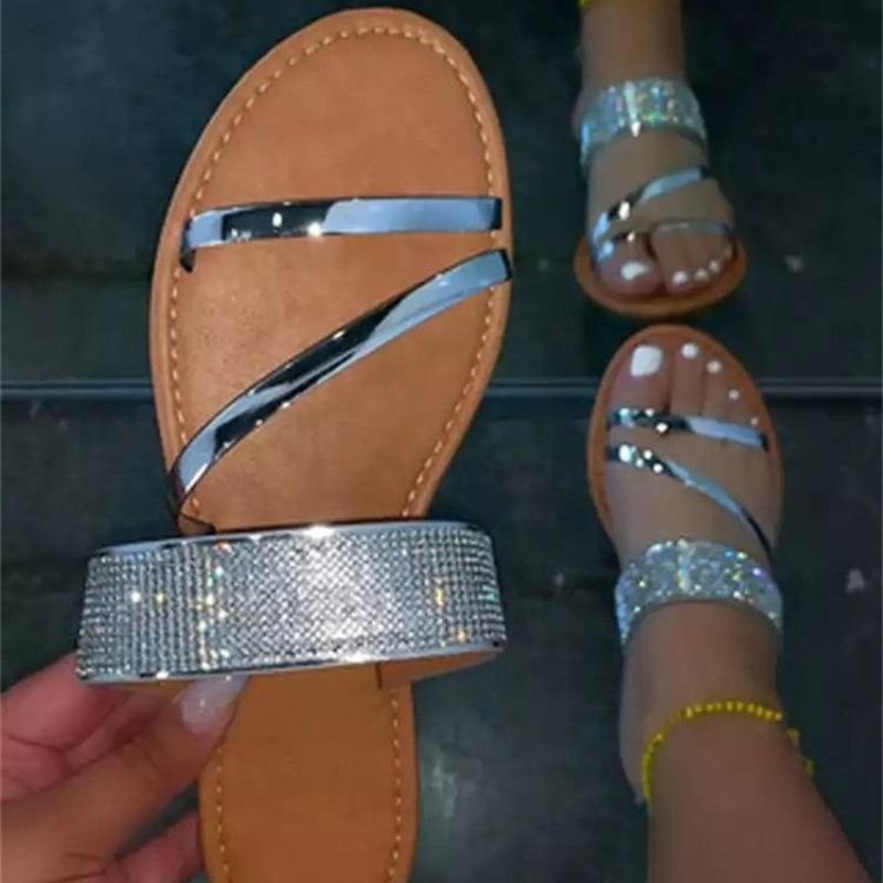 Womens Summer Sandals Rhinestone One Band Flat Slippers European and American Style Plus Size