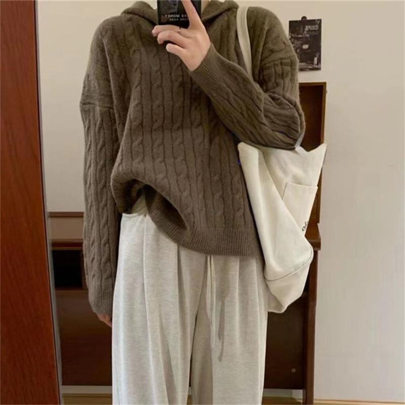 Hooded Twist Knitted Sweater Top Women's Clothing Autumn and Winter New Casual Versatile Loose Pullover Sweater Women