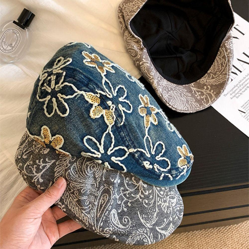 Ethnic Style Embroidery Flower Forward Hat Y2k Glitter Beret Casual Cadet Cap  Outdoor