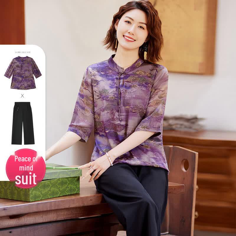 Pasit New Chinese Style Floral Summer Two-Piece Set 2XL