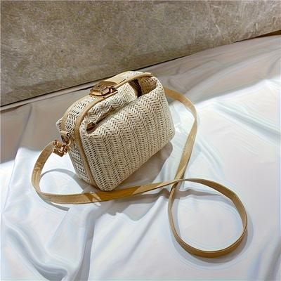 Women's Chic Woven Straw Crossbody Bag Multifunctional Shoulder Bag with Zip Closure, Beige and Brown Design, Suitable for Spring/Summer