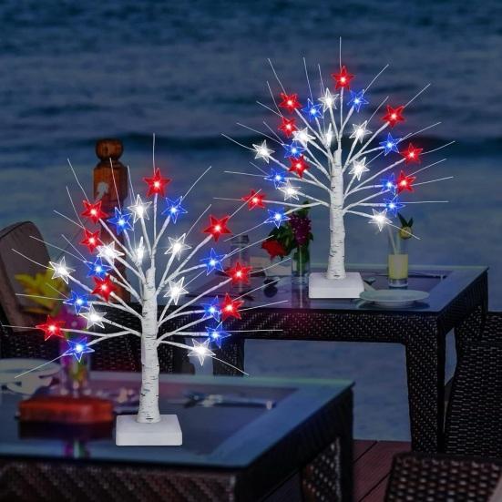 Independence Day LED Star Tree Decoration 18/24-Inch Patriotic Tabletop Light with 24 Red White Blue Stars 8 Modes Timer USB & Battery Powered 4th of