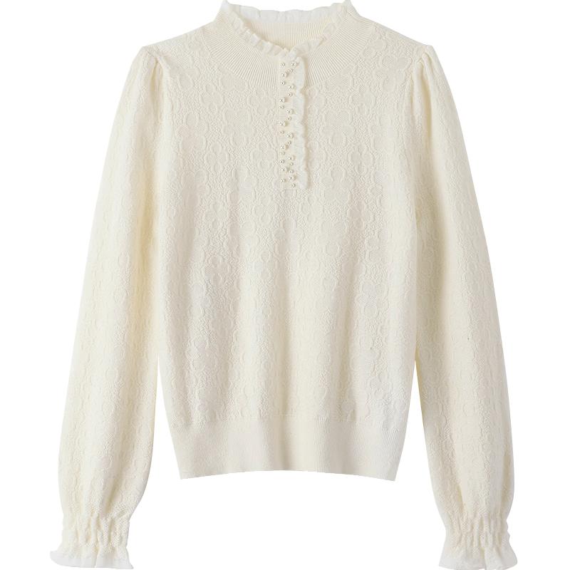 Baitu Women's Jacquard Ruffle Collar Long Sleeve Knit Sweater