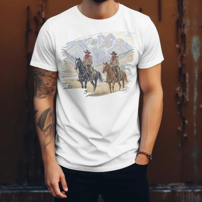 Watercolor Cowboys Mountain Scenery Tee, Unisex Cowboy Country Wild West T-shirt