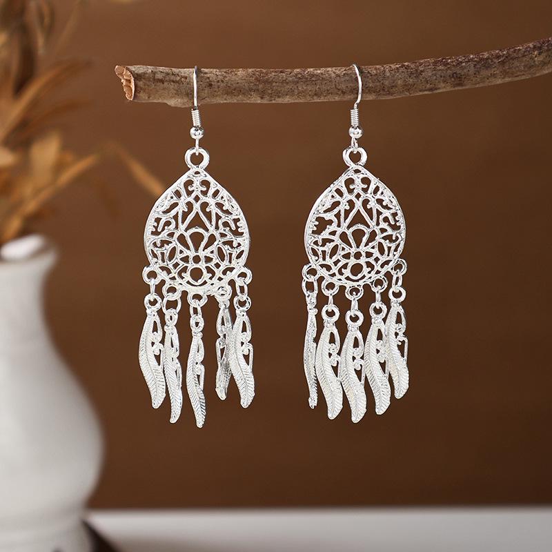 Ethnic Miao Silver Tassel Earrings - Retro Long Dangle Scenic Studs for Women