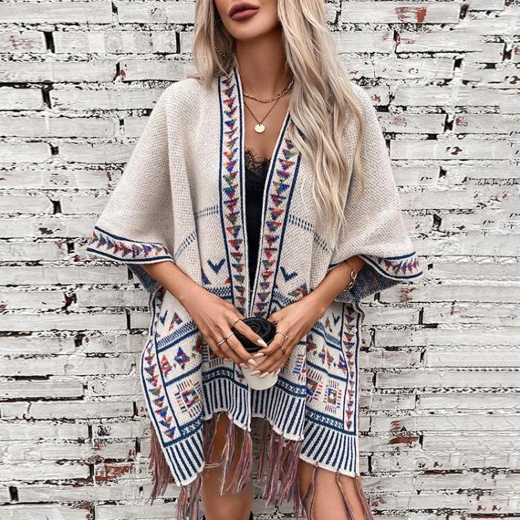 Fashion Women V-Neck Loose Knitwear Sweater Bat Sleeve Cardigan Autumn Winter Print Cloak Cross Border