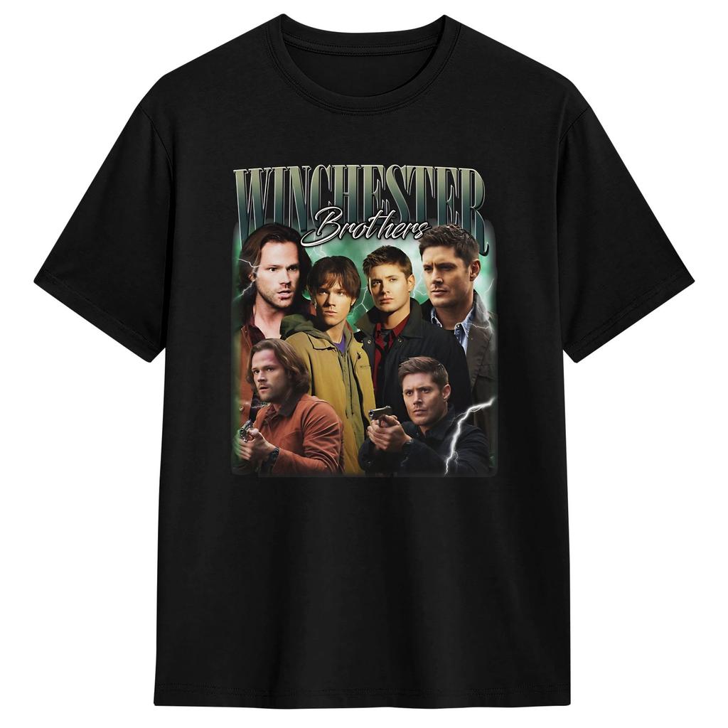 Funny Winchester Brothers Sam Dean Supernatural Movies Cover Fan Art TShirts Unisex O Neck Cotton T Shirts Short Sleeve Tee Shirt