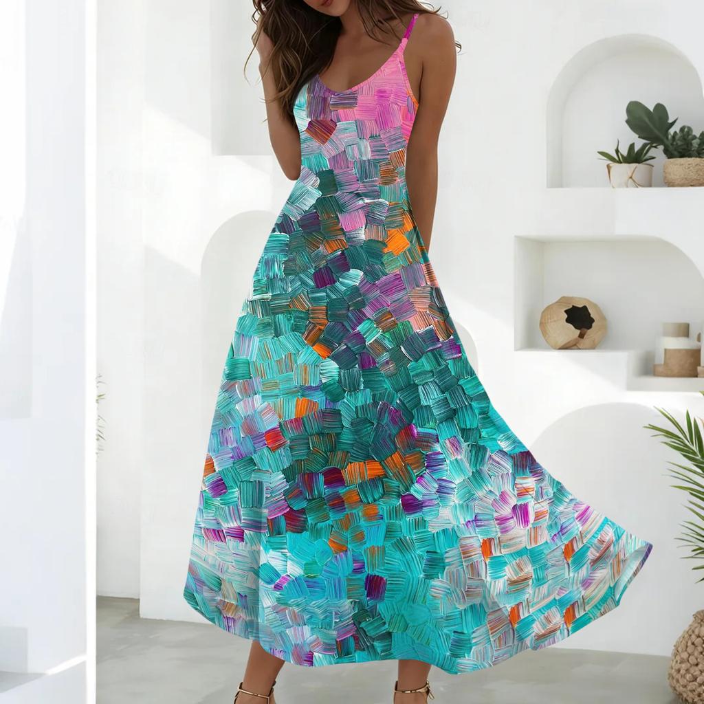 Women’s Sleeveless V Neck Maxi Dress Summer Geometric Floral Print Loose Fit Long Dress with Adjustable Straps