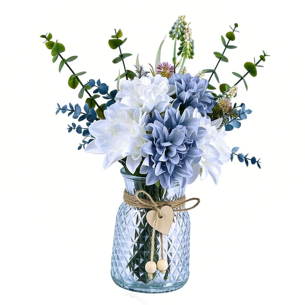 Artificial Flowers with Glass Vase Anti Wilting Anti Fading Realistic Faux Roses for Home Living Room Decor White Blue