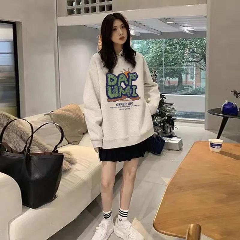 Women's Heavyweight 100% Cotton Round Neck Velvet-Lined Hoodie - Loose, Trendy, No-Hood, Perfect for Early Autumn