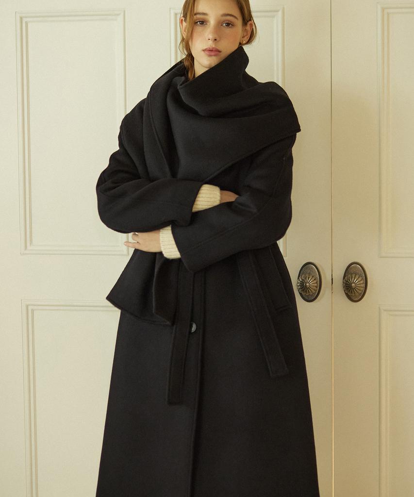 Nonlocal Muffler Belted Wool Long Coat - Navy