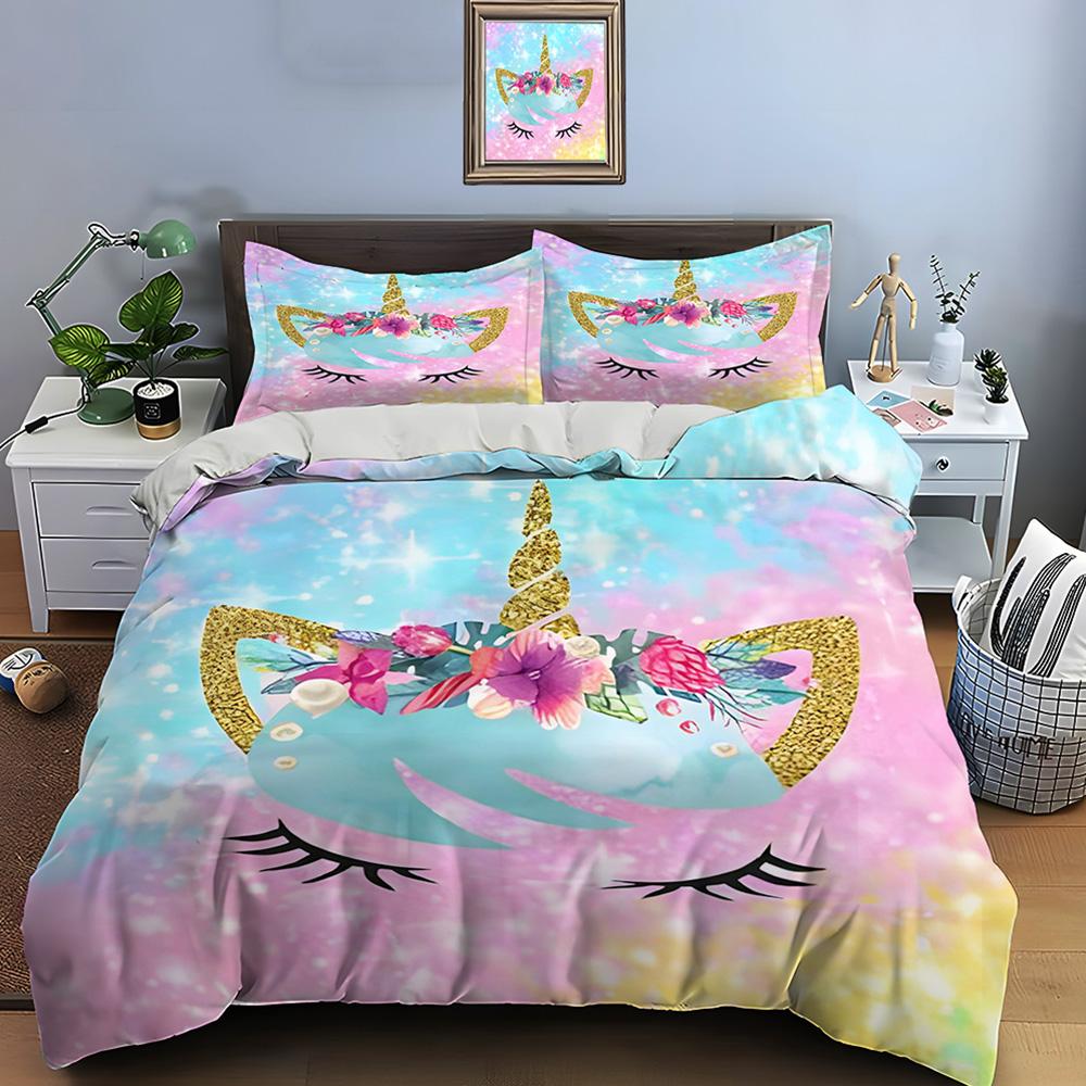 3PC Pink Unicorn Print Bedding Set Duvet Cover 1 Duvet Cover 2 Pillowcases Adult and Children Bedding Set Luxury To Girls Gifts