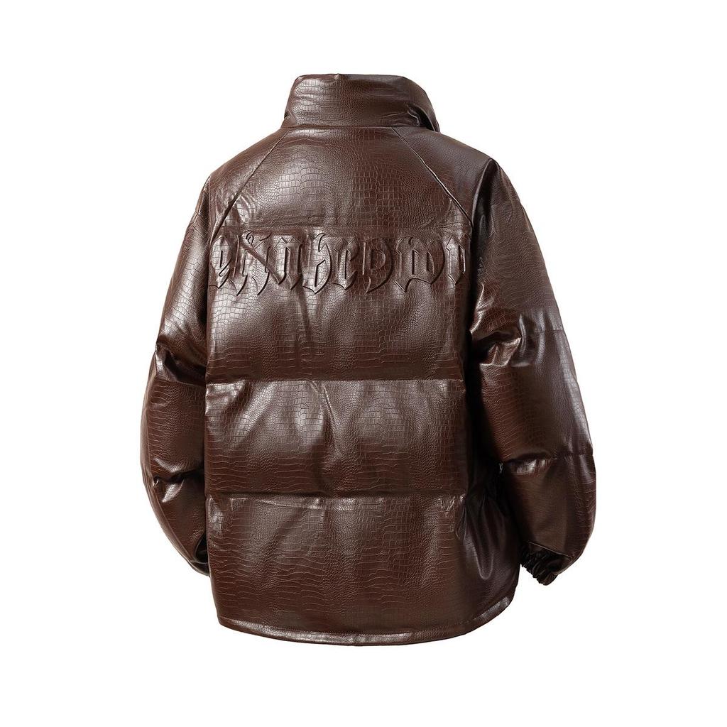 2025 Men's American Style Crocodile Pattern PU Leather Winter Jacket - Thick, Loose, Plus Size Cotton Coat