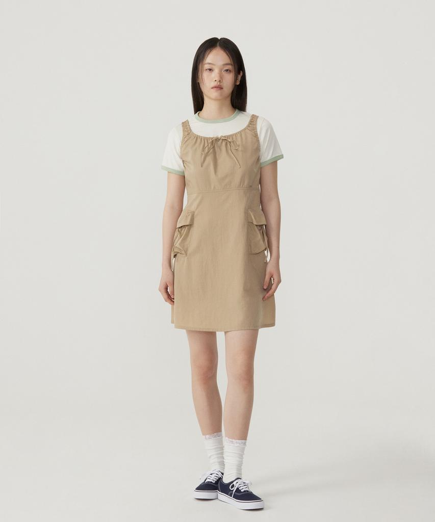 Covernat Woman Shirred Cargo Sleeveless Dress Beige