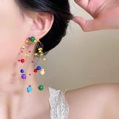 Playful Beaded Drop Earrings Dopamine Style Long Statement Earrings Unique Beadwork Accessory for Holidays and Event