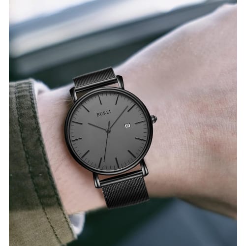 BUREI Men's Watch, Simple, Waterproof, Analog, Popular, Stylish Milanese Design with Mesh Strap, Black/Gray