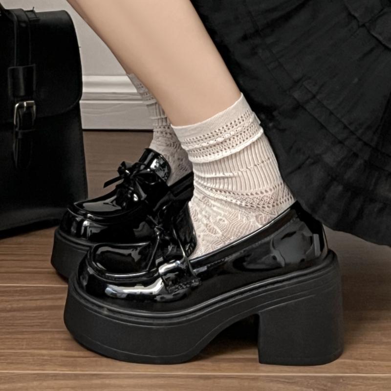 Fashion Bowknot Decor Chunky High Heel Pumps Women 2025 Goth Patent Leather Platform Loafers Woman Fashion Thick Sole Jk Uniform Shoes