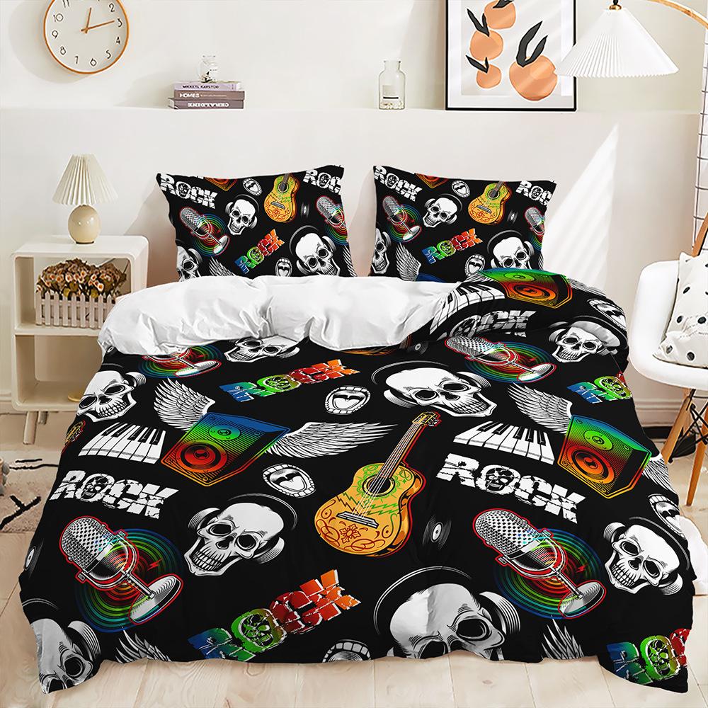 Three-Piece 3D Quilt Cover Rose Skull Dark Wind Kit Bedding