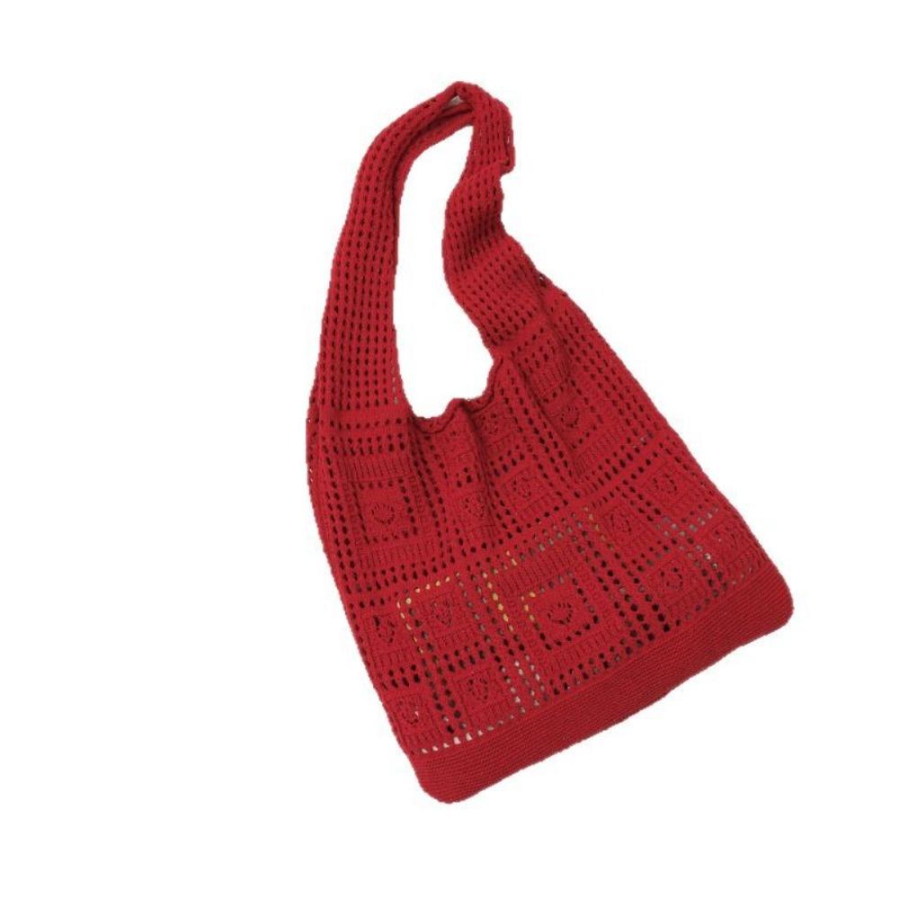 Hollow Crochet Mesh Bag Solid Color Beach Tote Bag Fashion Knitting Shoulder Bag  Ladies