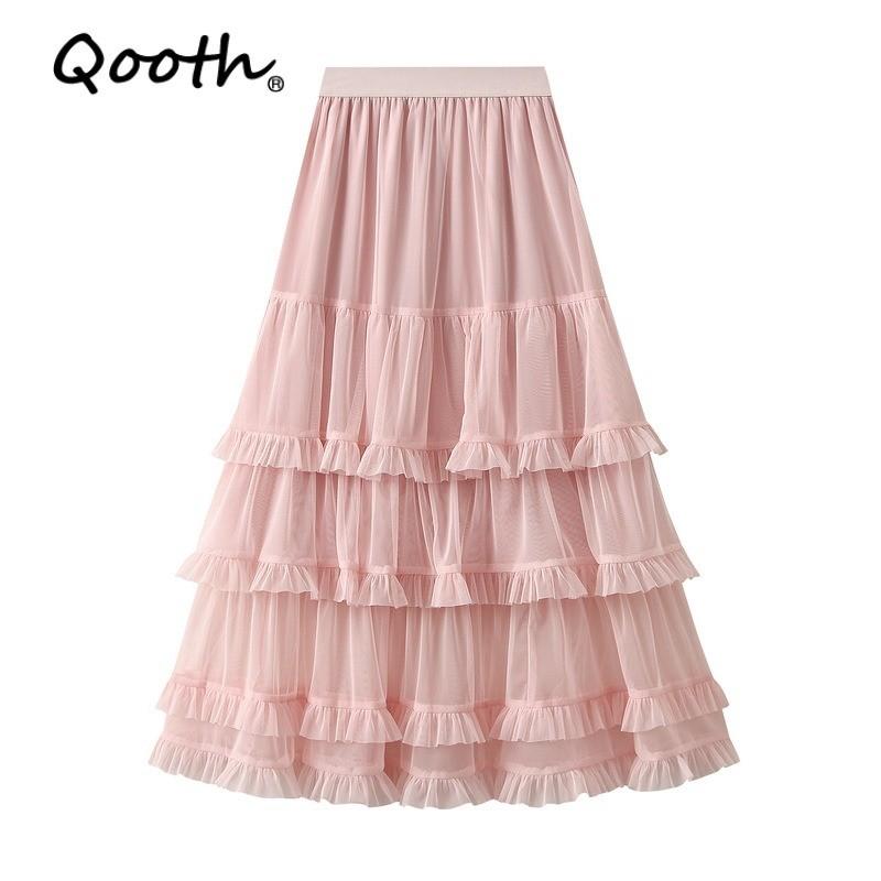 Qooth Elegant Women A Line Tulle Ruffle Skirt Wide Hem Mid Length Elastic Waist Casual Skirt QT2698