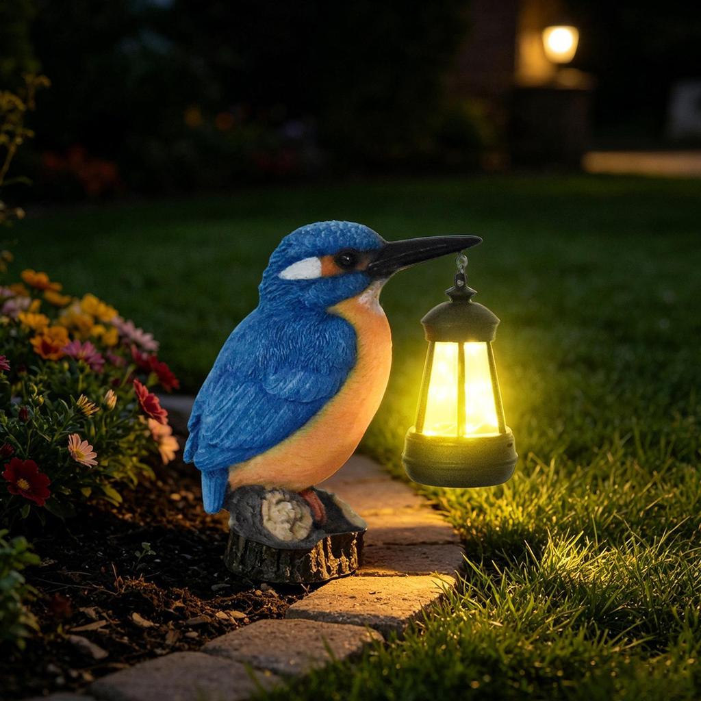 Statues d'oiseaux pour l'extérieur Sculpture de Martin-pêcheur Bleu en Résine avec Lanterne Solaire Figurine d'oiseau d'extérieur Lumineuse pour Patio Pelouse Chemin