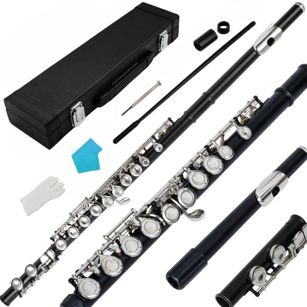 Factory Direct: Multi-color 16-hole/key C-tuned nickel-plated flute with silver-plated E key, wooden case