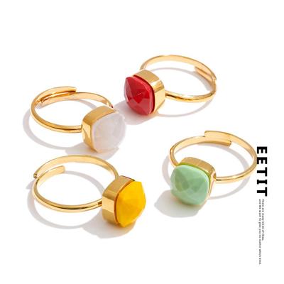 Candy Color Crystal Square Adjustable Chic Ring 18K Golden PVD Plated Stainless Steel Finger Sweet Green Red Jewelry Gift