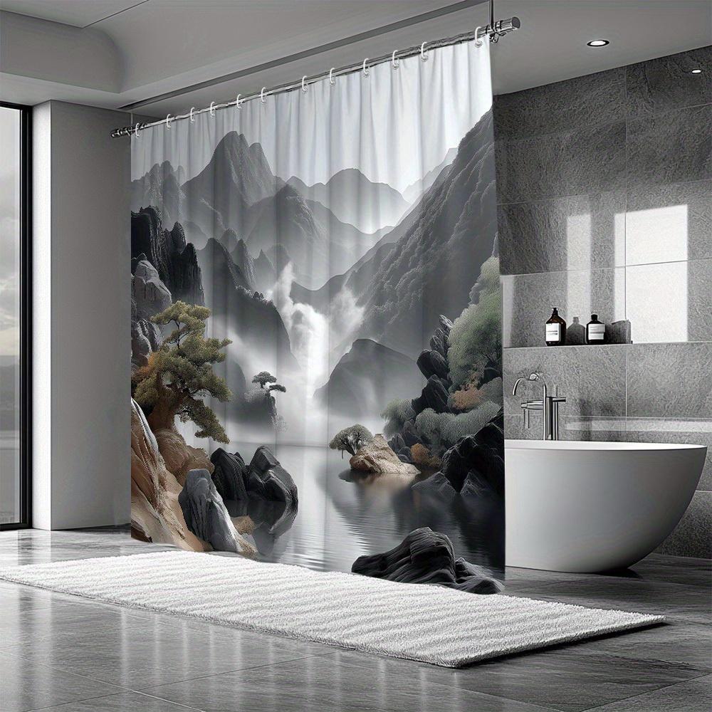 1Pc Landscape Shower Curtain With Natural Mountain And Water Painting Elements, Featuring Serene Scenery Of Clouds, Mist, And Gu