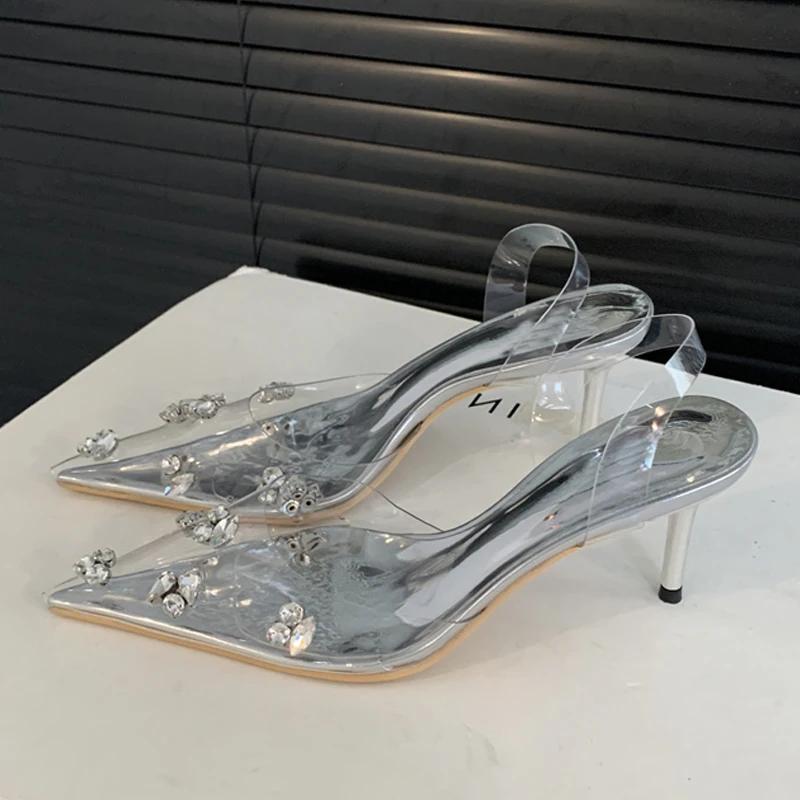 Sexy třpytivé křišťálové PVC průhledné dámské lodičky tenké podpatky párty ples špičaté špičky slingback boty
