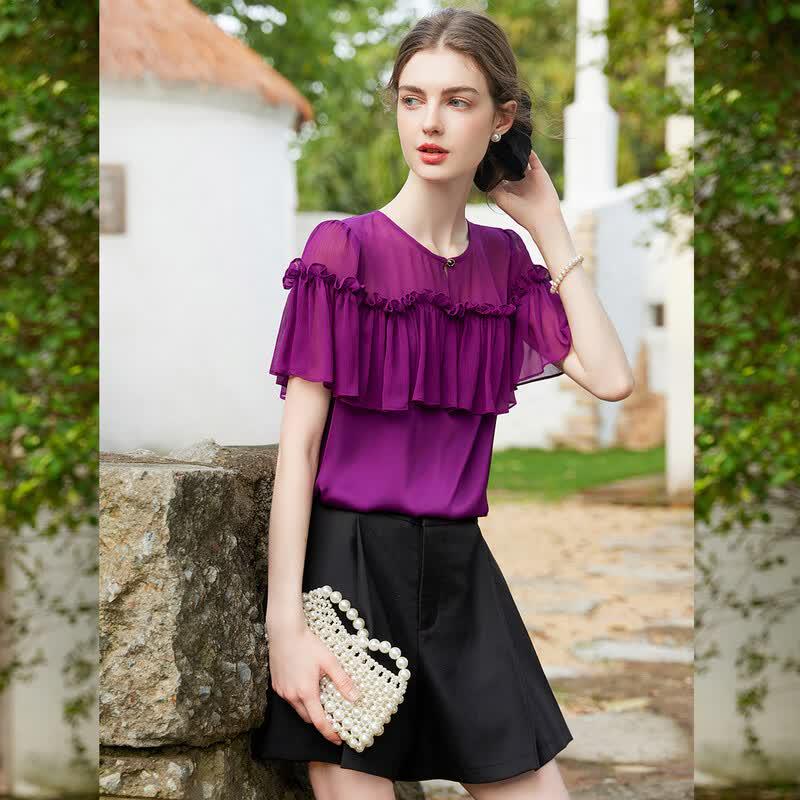 Women's Ruffled Round Neck Short Sleeve Blouse