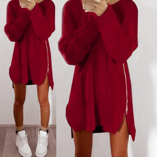 Women Dress Solid Color Sideway Zip Sexy Long Sleeve O Neck Mini Sweater Dress for Spring