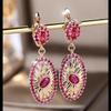 Big Oval Flower Rose Red Crystal Zircon Hoop Earrings For Women Vintage Gold Color Ear Buckle Wedding Jewelry Mother's Day Gifts